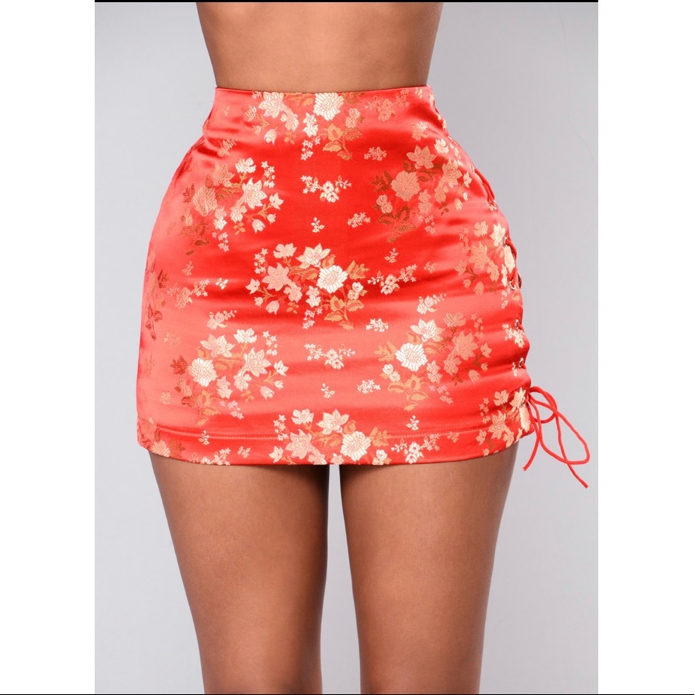 Red satin mini skirt